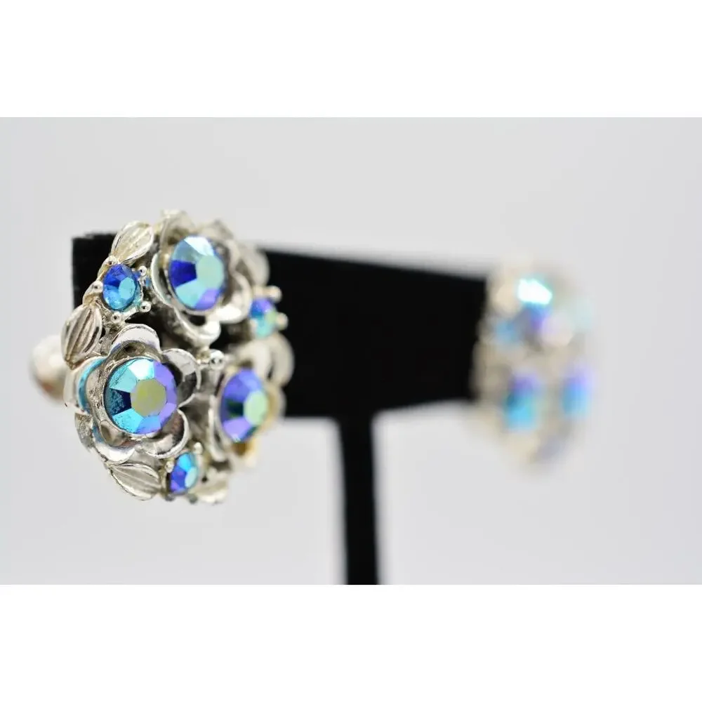 Star Vintage Screw Back Earring Blue AB Rhinestone Crystal Enamel Signed BinAB